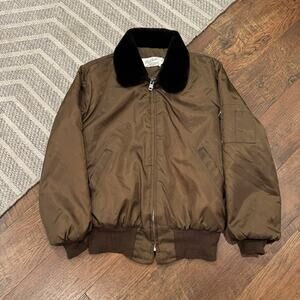 Vintage Flight Jacket Bomber Mens M Brown Military Faux Fur Collar Nylon 70s 80s
